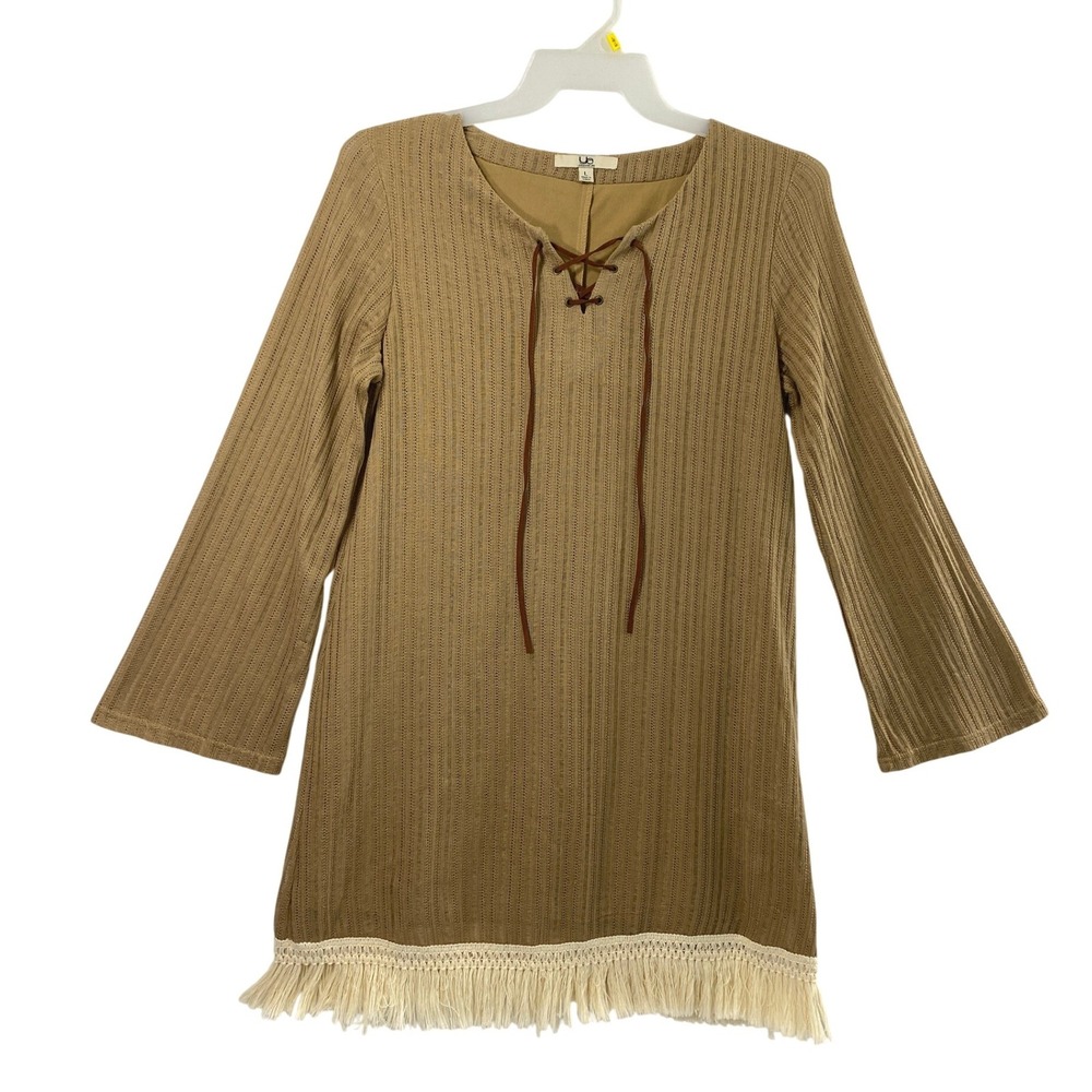 YA Los Angeles Tunic Dress Women Large Tan Lace Up Fringe Boho Western Festival